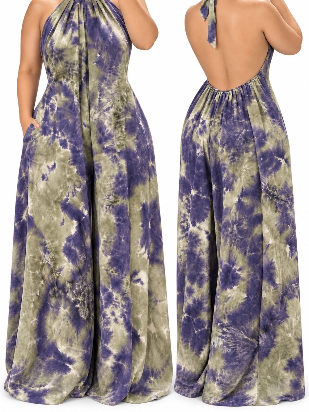 Fashion Nova Tie-Dye Halter Backless Wide-Leg Jumpsuit - Purple & Olive